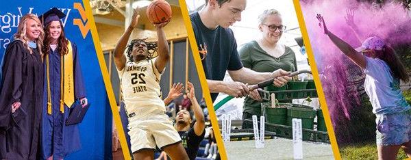 a collage of students involved in various activities.  A woman throwing colored powder, two students in a lab setting, a man shooting a basketball, and two women posing for a graduation photo